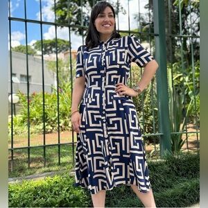 Navy and White Geometric Pattern Dress
